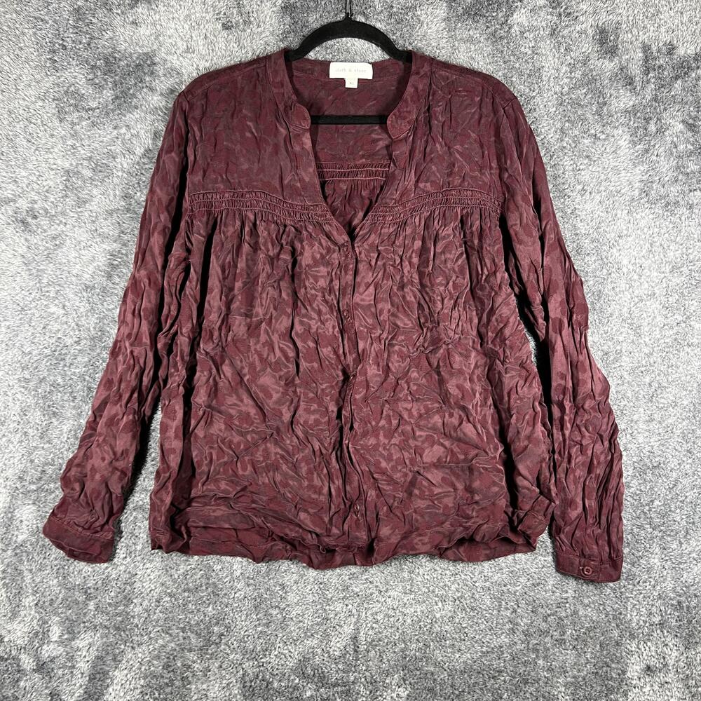 Cloth & Stone Blouse Womens XL Red Tunic V-Neck Geometric Lightweight Relaxed